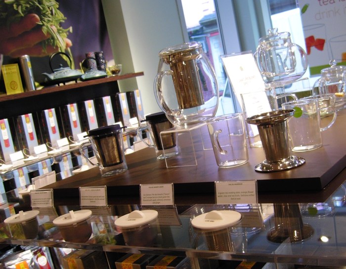 tea display with pots